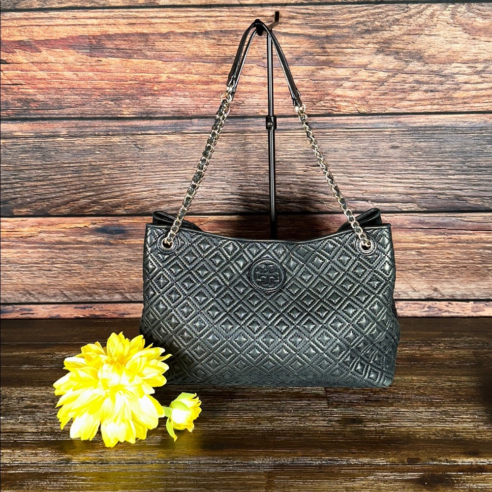Tory Burch Black Marion Diamond Quilted Leather Handbag!